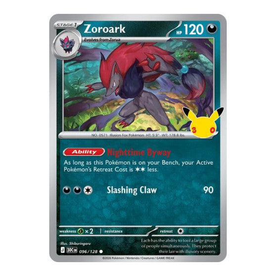 Zoroark (30C) #096/128 Common (Holofoil Near Mint) ME: 30th Celebration Pokemon: 2026