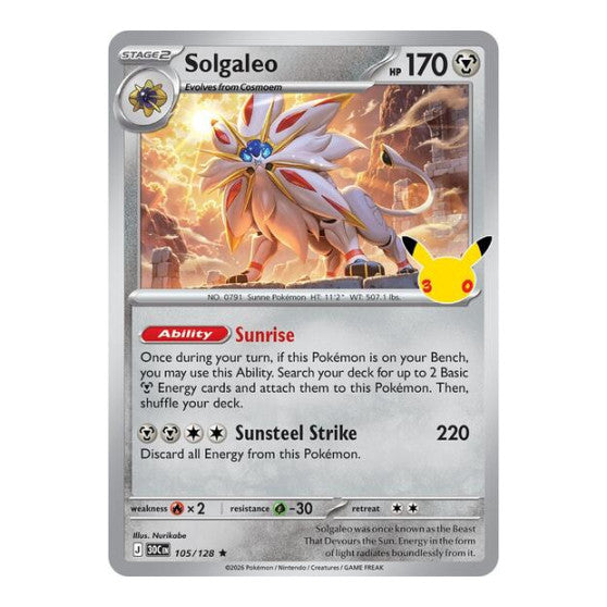 Solgaleo (30C) #105/128 Rare (Holofoil Near Mint) ME: 30th Celebration Pokemon: 2026