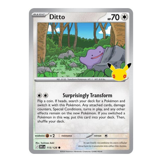 Ditto (30C) #115/128 Common (Holofoil Near Mint) ME: 30th Celebration Pokemon: 2026