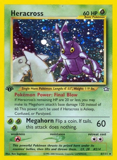 Heracross (N1) #006/111 Holo Rare (Unlimited Holofoil Damaged) Neo Genesis Pokemon: 2000