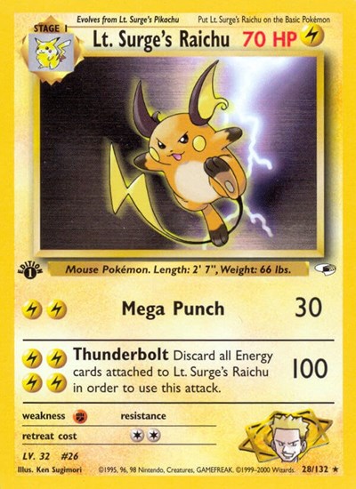Lt Surges Raichu (G1) #028/132 Rare (Unlimited Heavily Played) Gym Heroes Pokemon: 2000